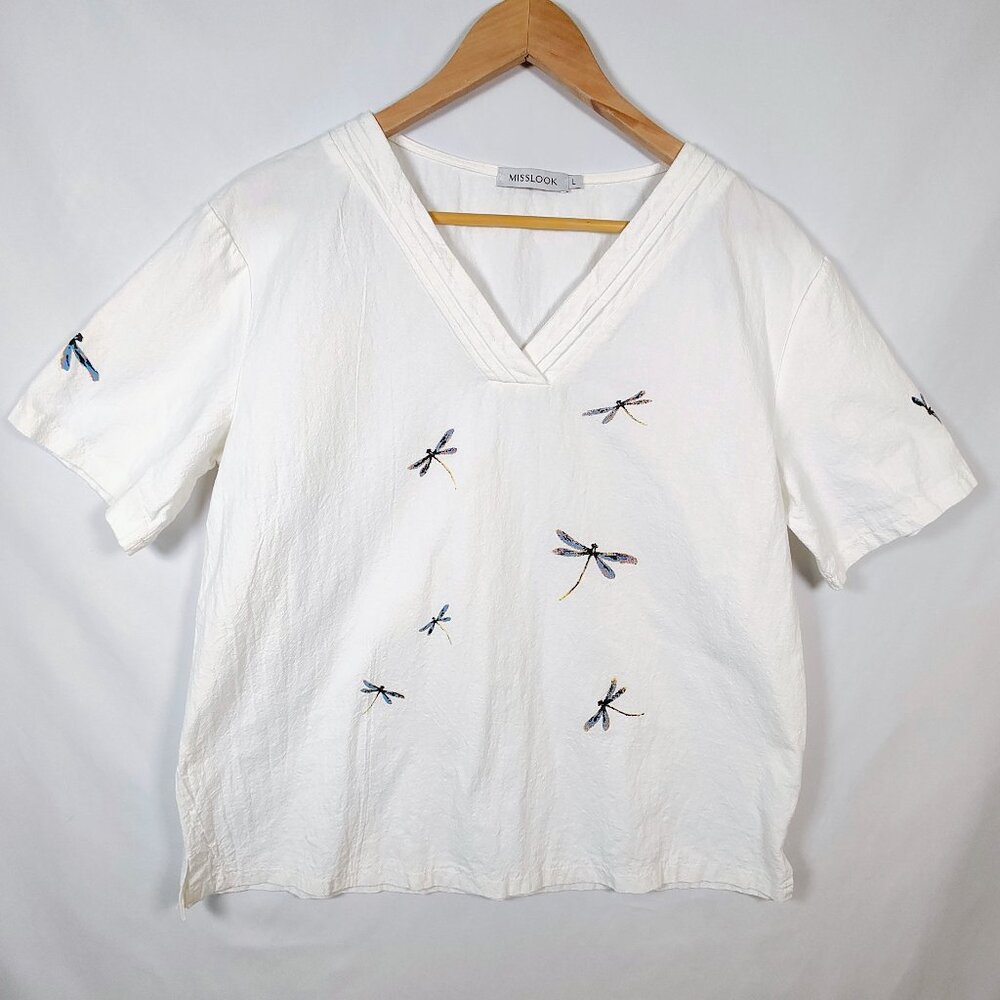 Misslook‎ Women's Embroidered Dragonfly V‑Neck Top – White Large